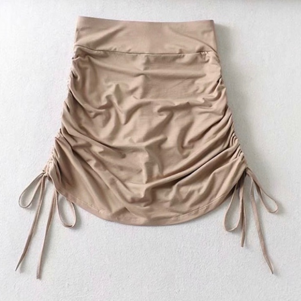 LACE UP ELASTIC MINI SKIRT, KHAKI, XS, Bandage - Picture 3 of 5